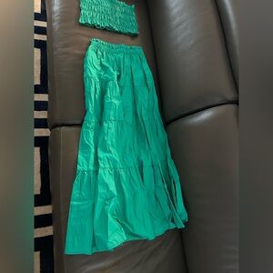 Kourt Ellery Tiered Maxi Skirt and Rouched Top Set in Green